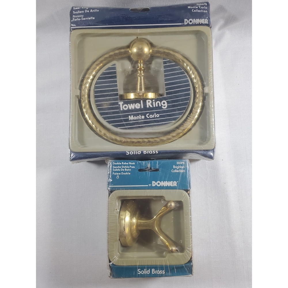 Vintage Donniger‎ Solid Brass Towel Ring Robe Hook Set NOS Monte Carlo Brighton